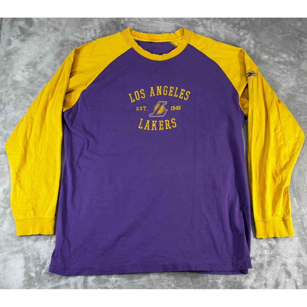 Reebok Los Angeles Lakers Shirt Mens XL Purple Gold Fair Distressed Raglan NBA